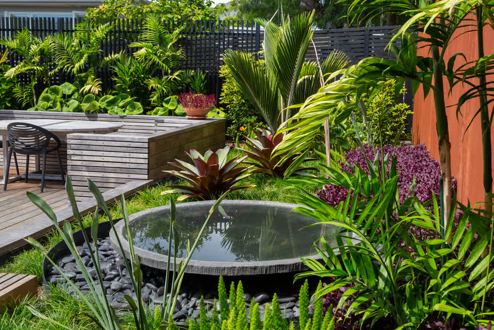 Maintained garden bed and water feature by deck